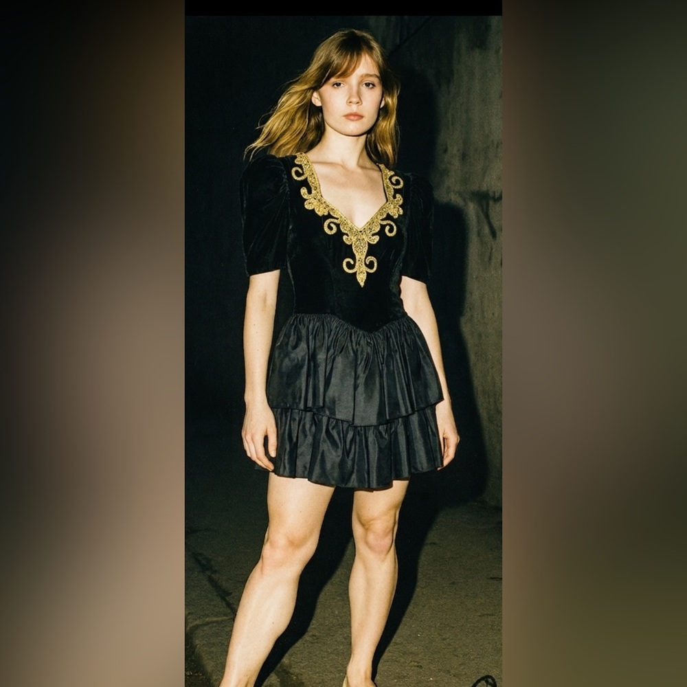 Vintage 80’s Nancy Bracoloni Black Mini Dress with Gold Embellishment size 6